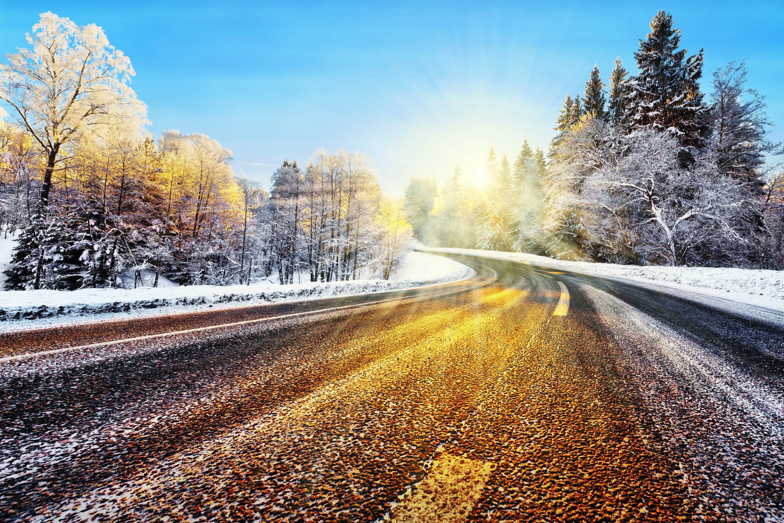 Blurred highway through winter wonderland