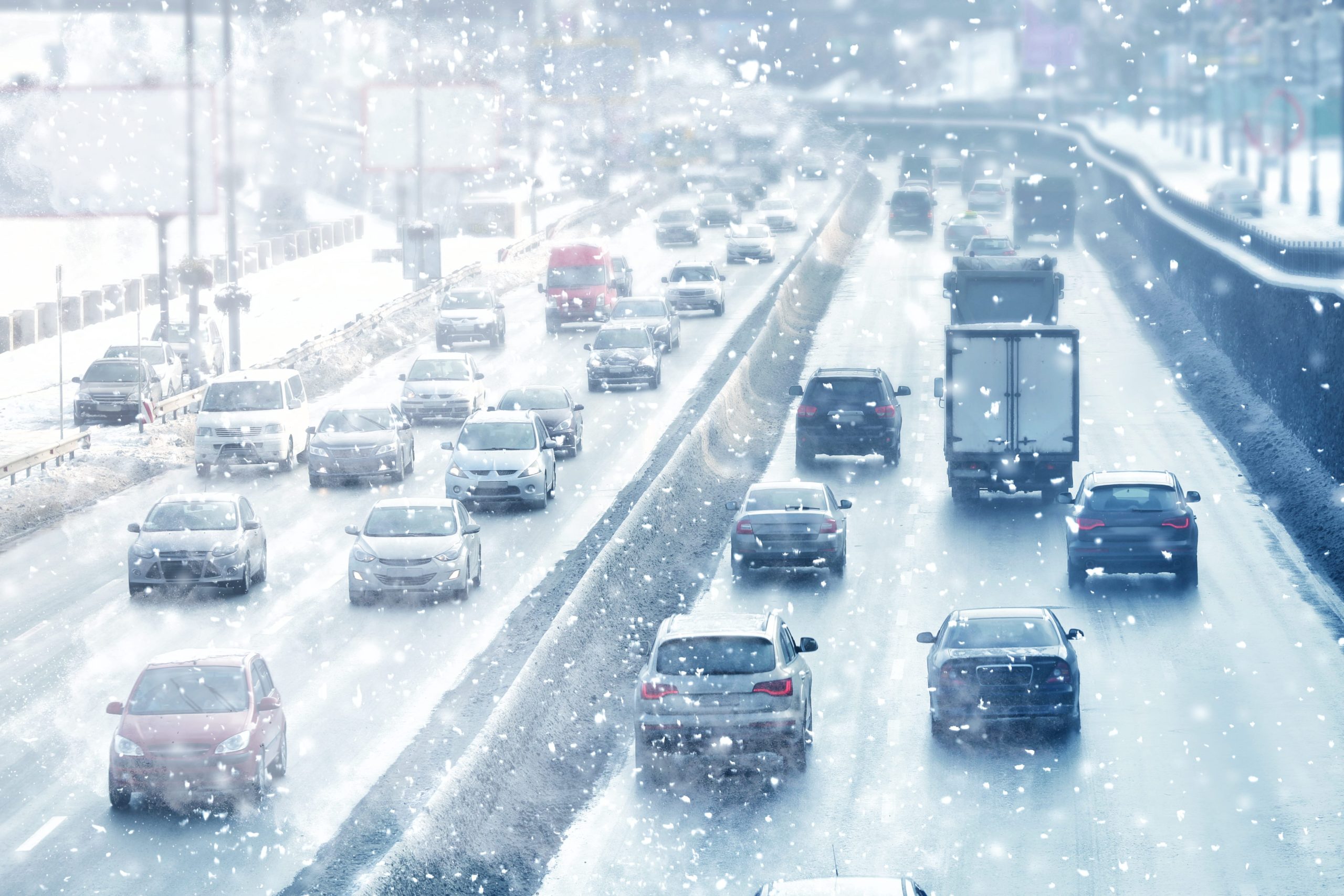 Traffic on highway during snow storm