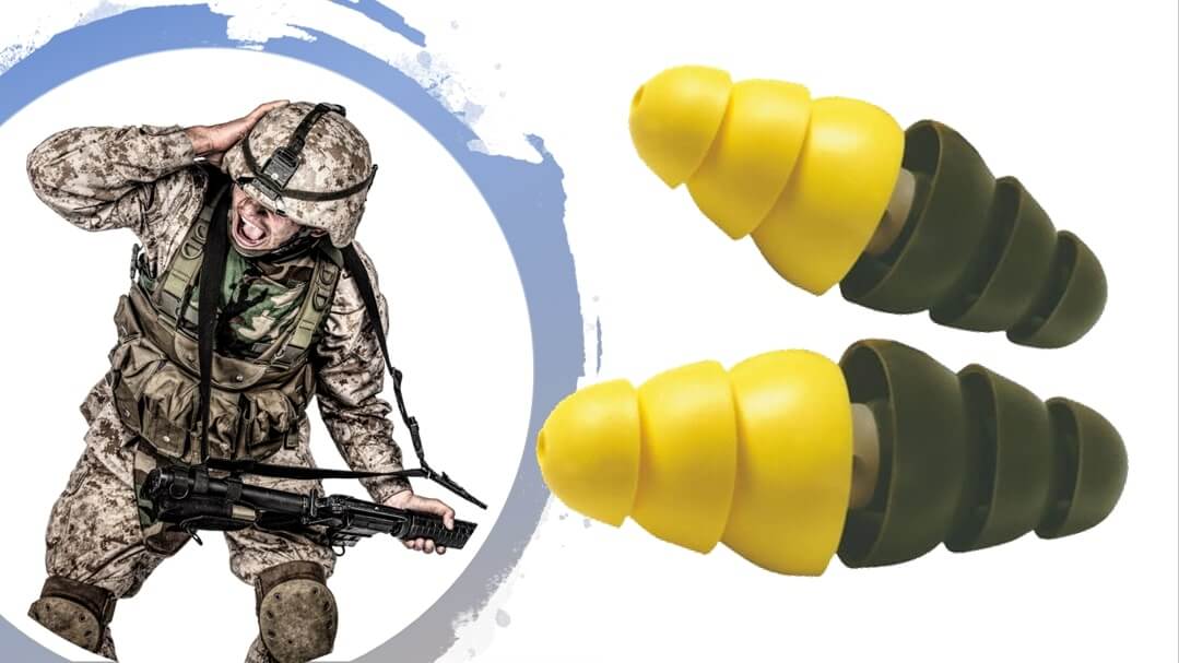 3m earplugs with army soldier holding his head on one hand and a gun on the other