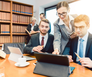 attorneys at a law firm discussing a case